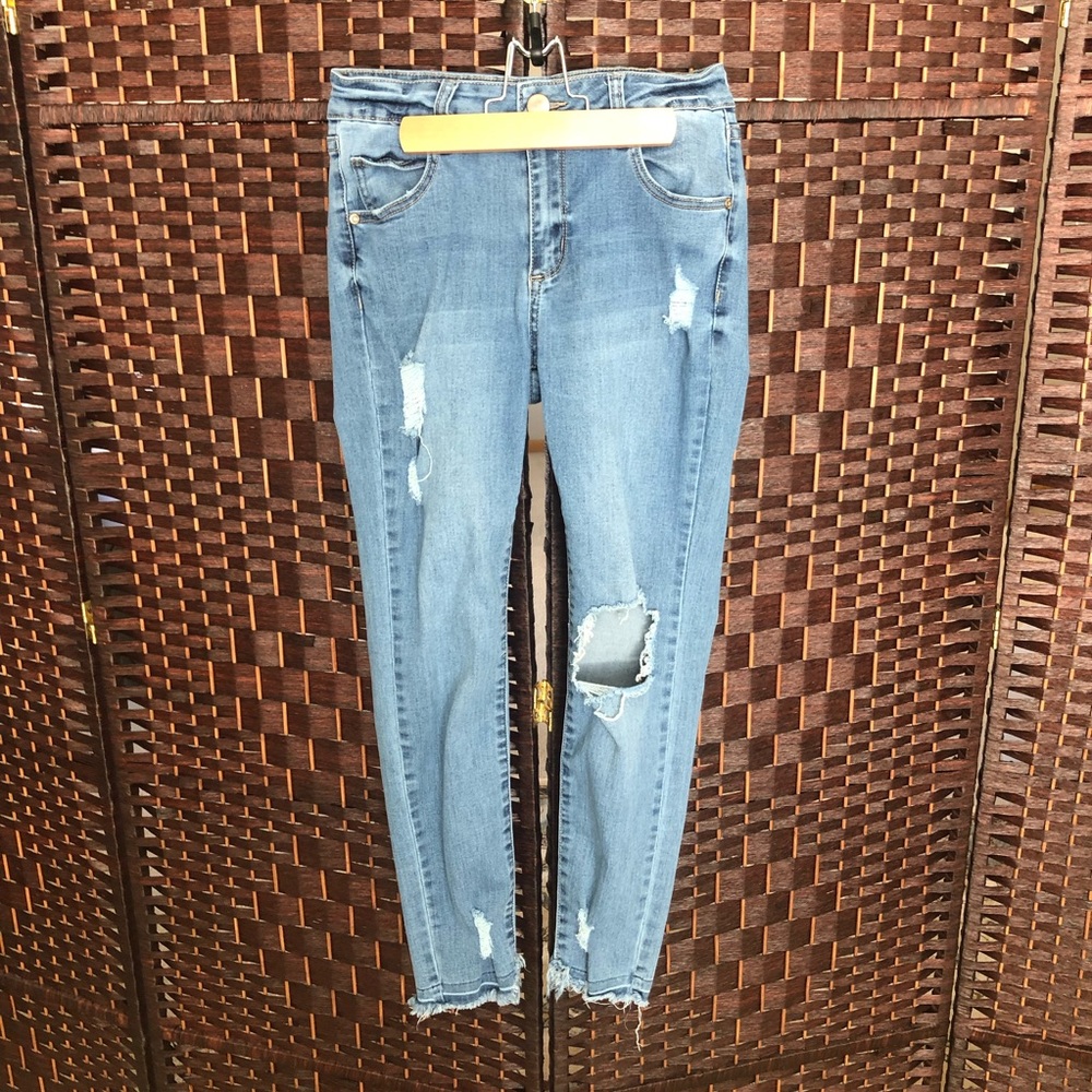 distressed blue jeans